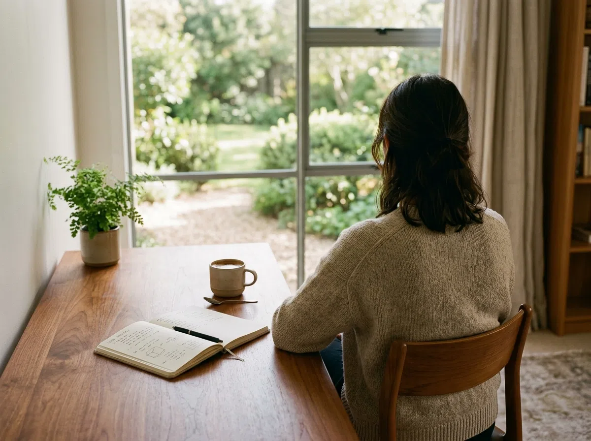 Pinehurst Journal wellness editor at a desk, seen from behind, looking out a window