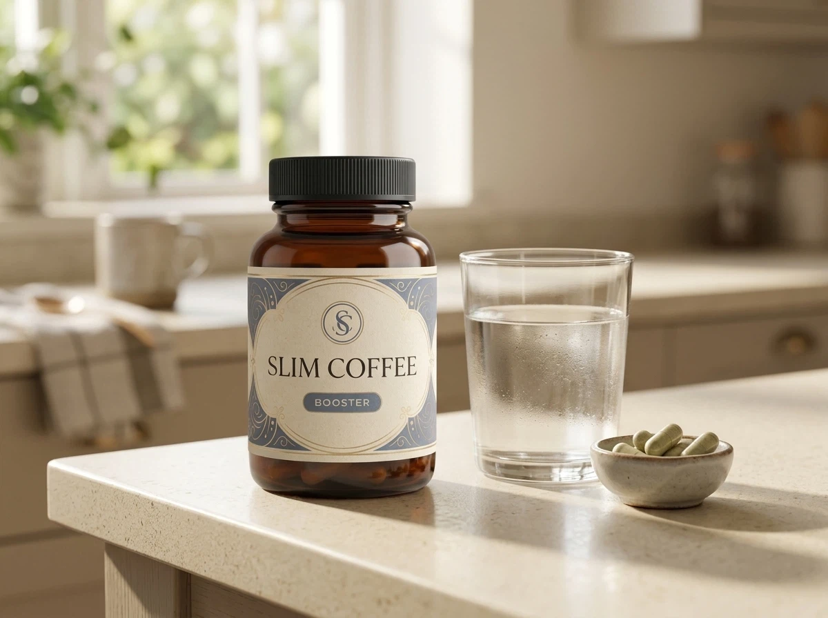 Slim Coffee Booster retail box beside coffee beans and dried botanical leaves on a stone surface